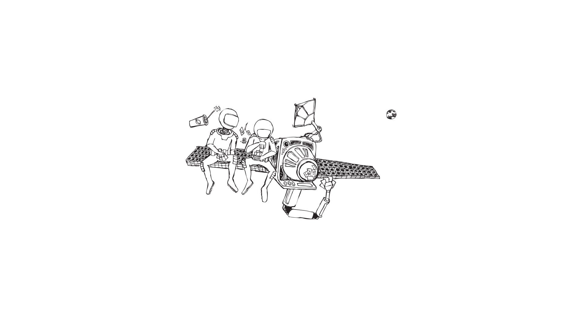 The space cadets play a tabletop game in space while taking a break from repairing a satellite. Game cards and fast food float around them.